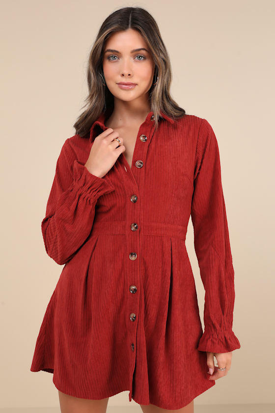 Autumn Mood Rust Red Corduroy Mini Dress With Pockets