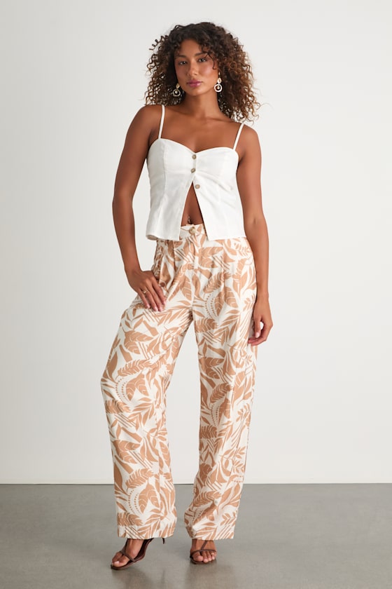 Rosetta Ivory and Tan Leaf Print Wide-Leg Pants
