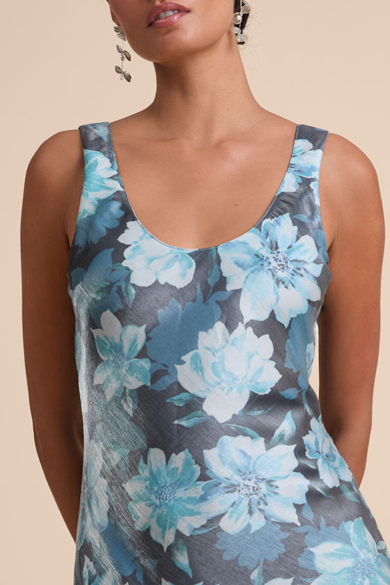 Romantic Whims Blue Floral Print Organza Sleeveless Slip Dress