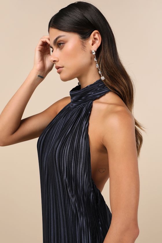 Gwenny Dark Navy Satin Plisse Maxi Dress