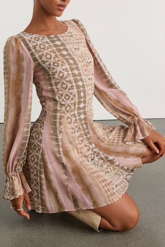 Kivah Pink and Taupe Boho Print Long Sleeve Mini Dress