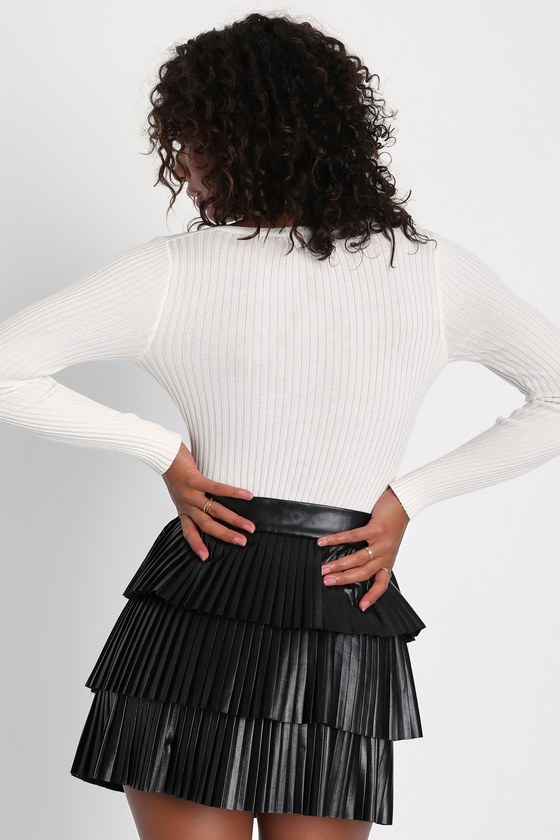 Bold Charm Black Vegan Leather Pleated Tiered Mini Skirt