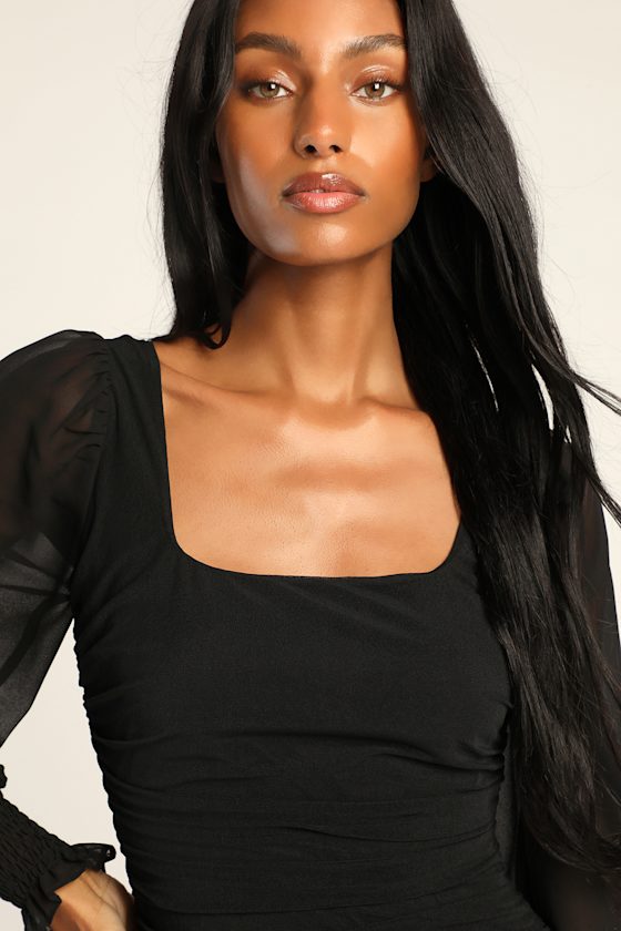 Perfect Sensation Black Mesh Ruched Puff Sleeve Mini Dress