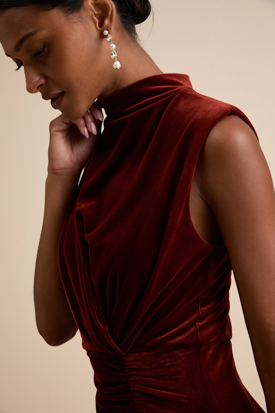 Alluring Image Rust Red Ruched Velvet Mock Neck Maxi Dress