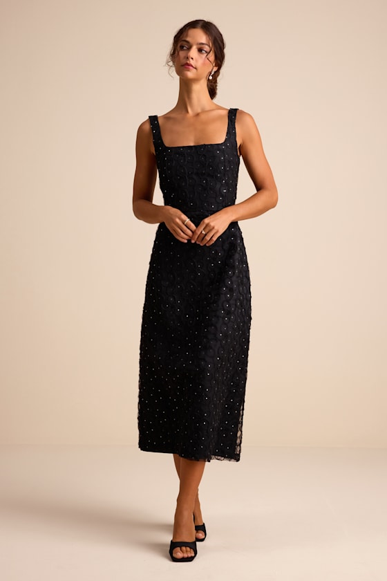 Sandrina Black Textured Sequin Square Neck Midi Dress