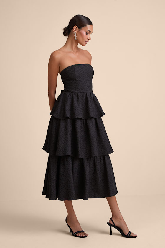 Truly Marvelous Black Jacquard Strapless Tiered Midi Dress