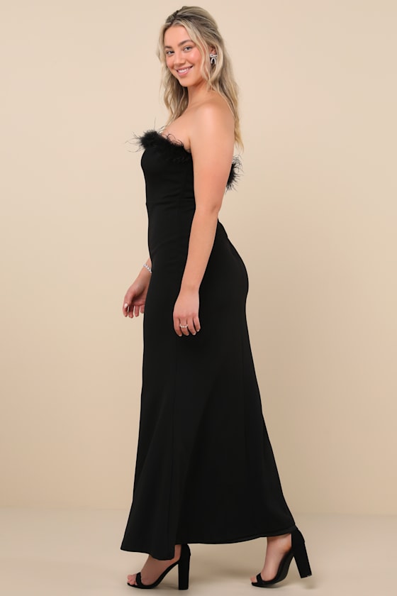 Extraordinary Glam Black Feather Strapless Mermaid Maxi Dress
