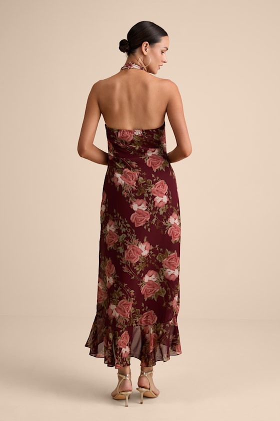 Elegant Entrance Wine Red Floral Print Halter Maxi Dress