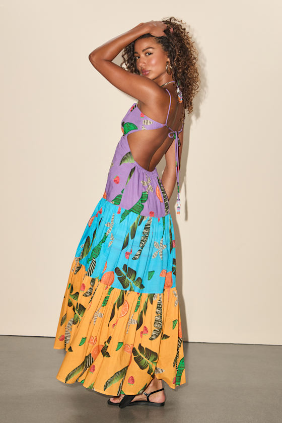 Helia Purple Multi Tropical Print Cutout Maxi Dress