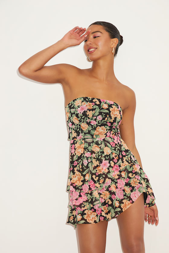 Suvi Black Floral Strapless Tiered Asymmetrical Mini Dres