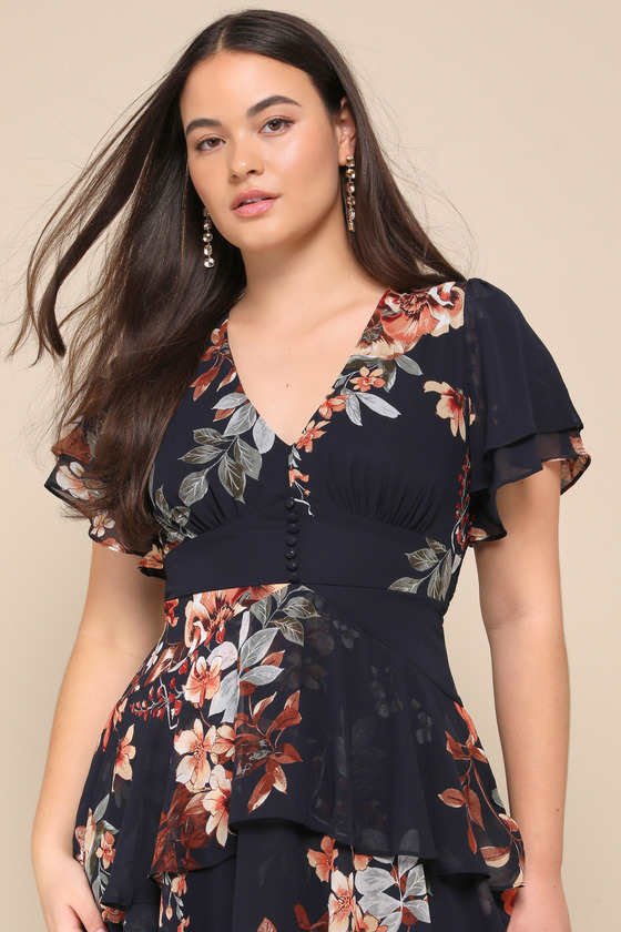 Midnight Mood Navy Blue Floral Print Tiered Maxi Dress