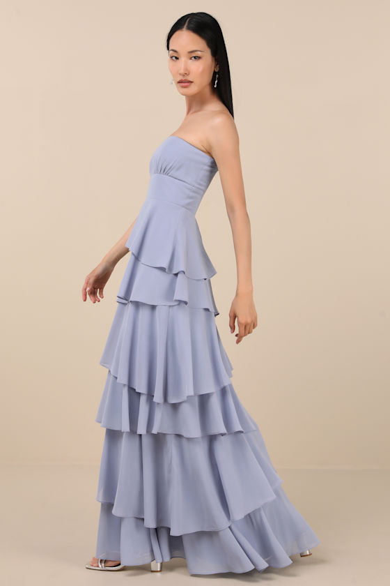 Gorgeous Essence Slate Blue Strapless Tiered Maxi Dress