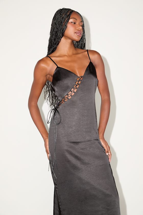 Tempting Silhouette Black Satin Lace-Up Midi Dress