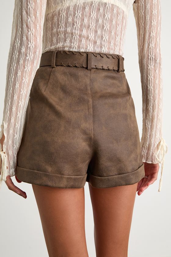 Nolyn Brown Suede Pleated High-Rise Shorts
