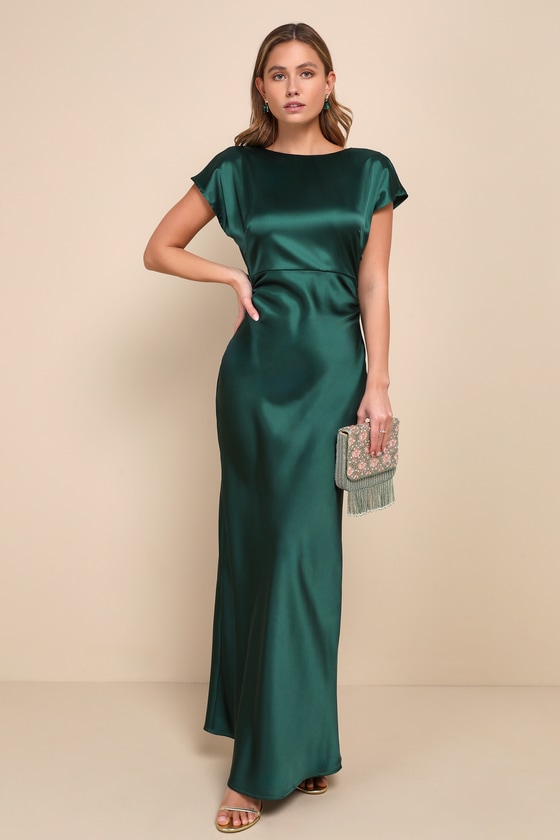 Captivating Presence Forest Green Satin Cowl Back Maxi Dress