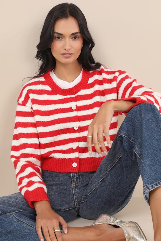 Cutest and Coziest Red and White Striped Crew Neck Cardigan