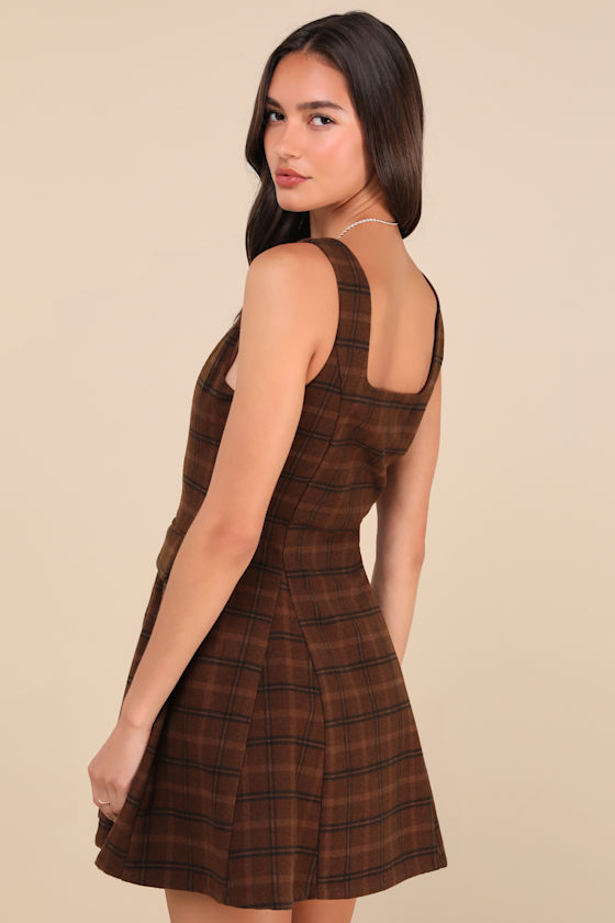 Autumn Approach Brown Plaid Sleeveless Button-Up Mini Dress