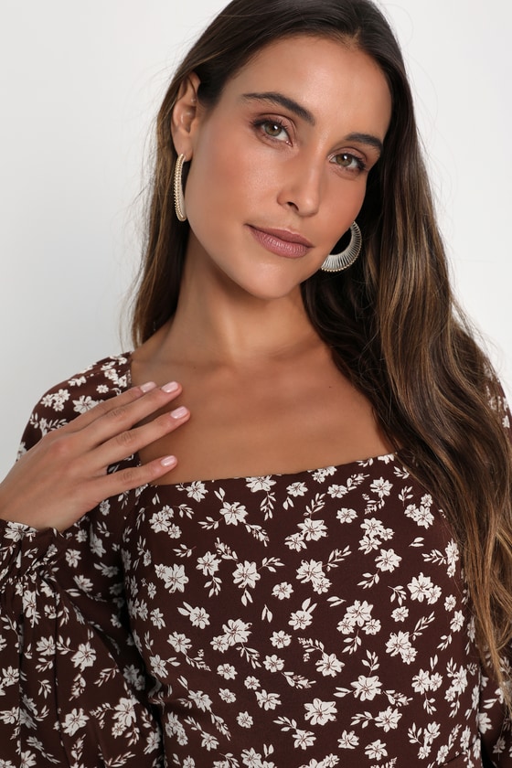 Coy Charm Brown Floral Print Long Sleeve Mini Dress