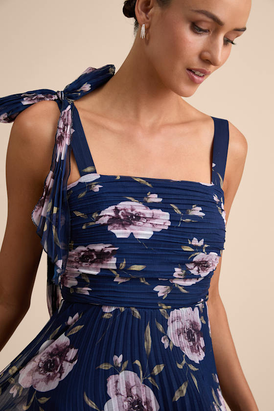 Gorgeous Purpose Navy Floral Pleated Sleeveless Bow Maxi Dress