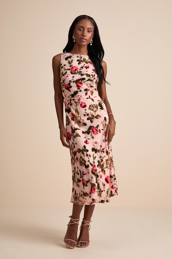 Florina Blush Floral Velvet Floral Burnout Cowl Back Midi Dress