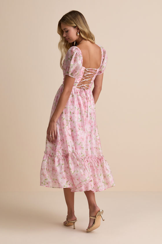 Sincerely Wondrous Pink Floral Puff Sleeve Tiered Midi Dress