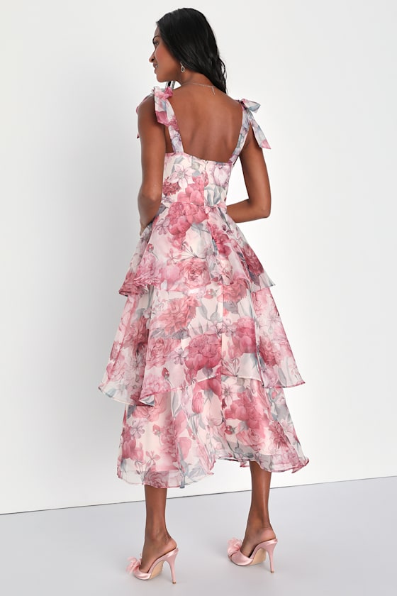 Playfully Posh Blush Floral Organza Tie-Strap Tiered Midi Dress