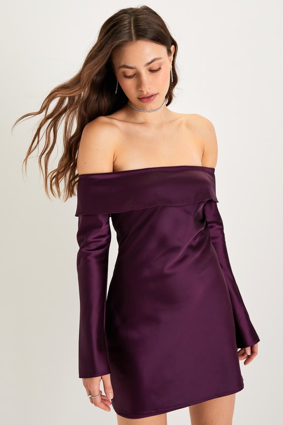 Luxurious Vision Plum Purple Satin Off-the-Shoulder Mini Dress