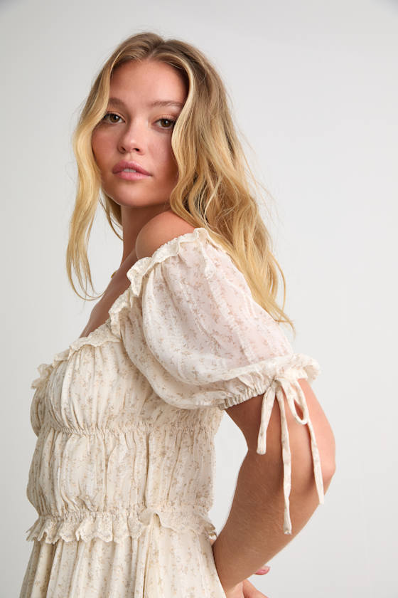 Adoring Moment Ivory Floral Lace Ruffled Puff Sleeve Mini Dress