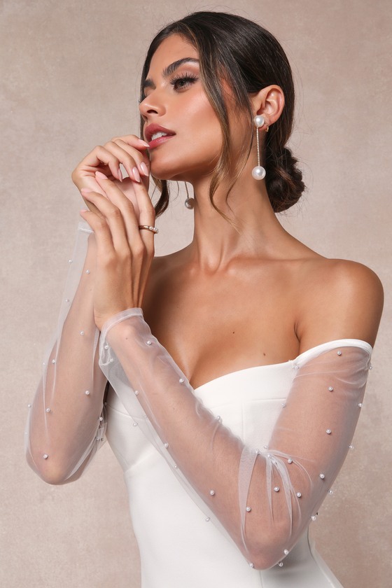 Eternally Beloved White Mesh Off-the-Shoulder Pearl Maxi Dress