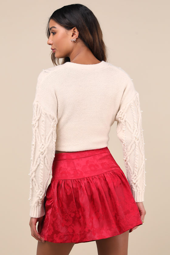 Sensational Approach Red Satin Jacquard Mini Skirt