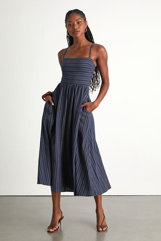 Feeling the Best Navy Striped Tie-Back Midi Dress with Pockets