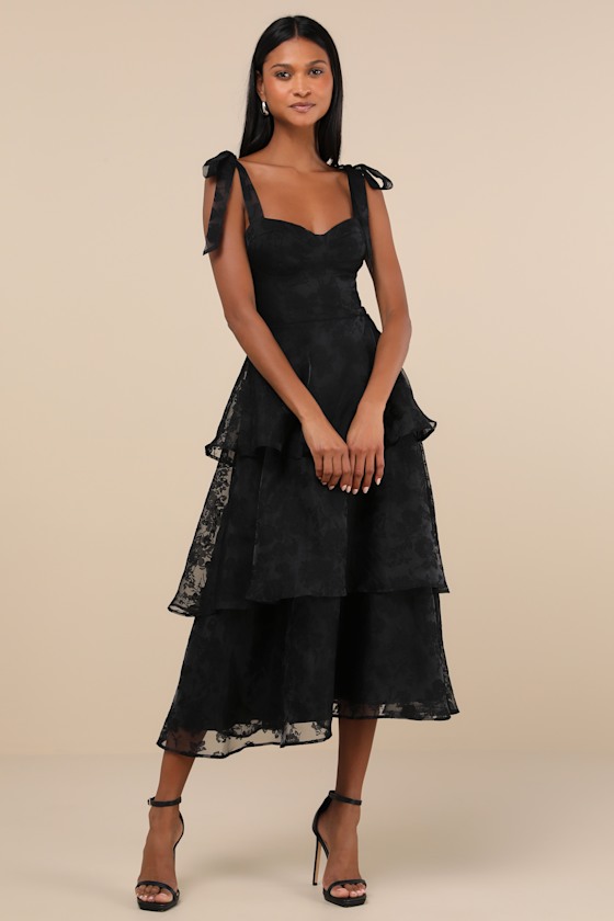 Glamorous Sweetie Black Burnout Tie-Strap Bustier Midi Dress