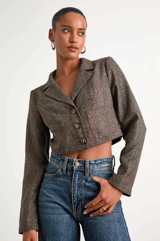 Lindy Brown Plaid Tweed Cropped Blazer