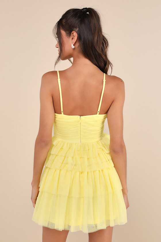 Special Poise Yellow Tulle Pleated Sleeveless Tiered Mini Dress