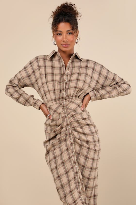 Seasonal Spirit Taupe Plaid Ruched Long Sleeve Midi Dress
