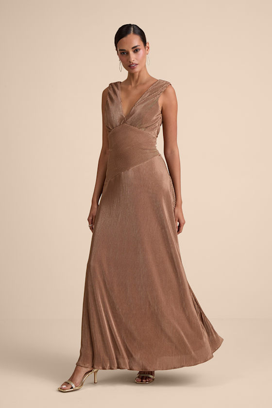 Renee Light Brown Satin Plisse V-Neck Maxi Dress