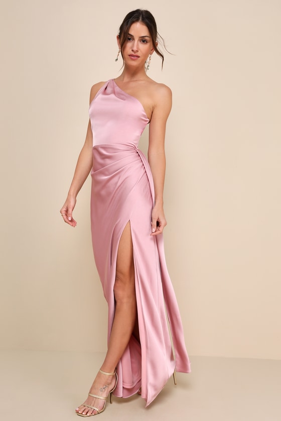 Signature Elegance Rose Satin One-Shoulder Maxi Dress