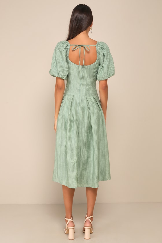 Heavenly Energy Sage Textured Puff Sleeve Pleated Midi Dress
