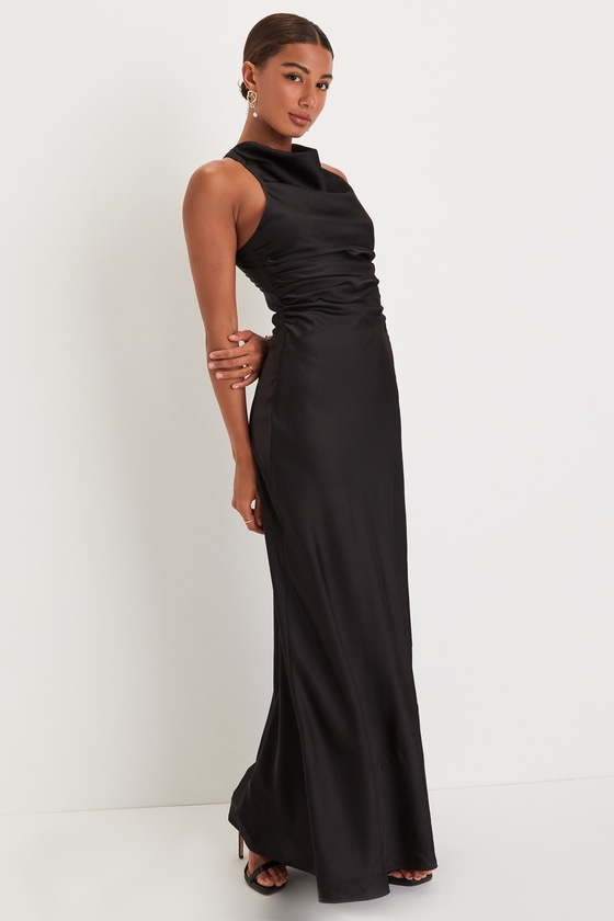 Effortlessly Sensational Black Satin Backless Maxi Dress