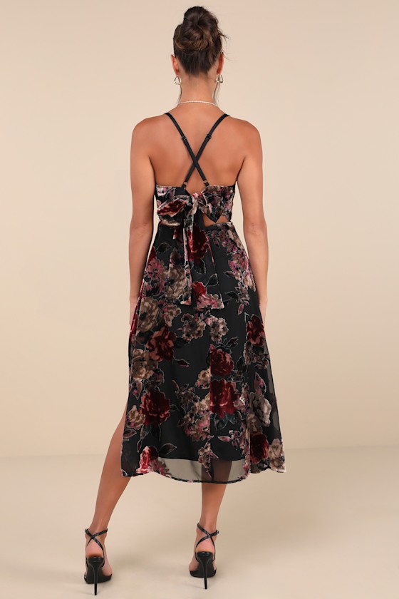 Exuberant Vibes Black Floral Velvet Burnout Tie-Back Midi Dress