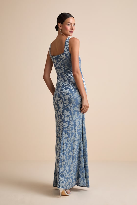 Miraya Dusty Blue Burnout Velvet Maxi Dress