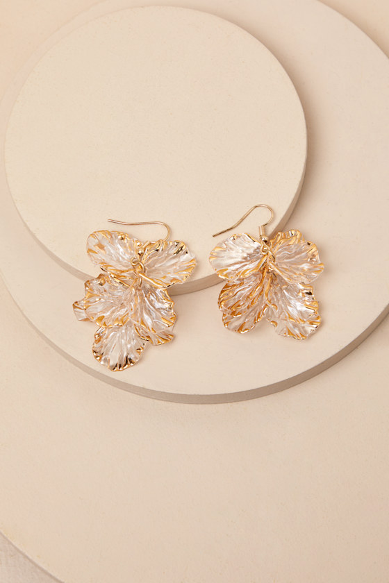 Gilded Glow Gold and Clear Floral Statement Earrings