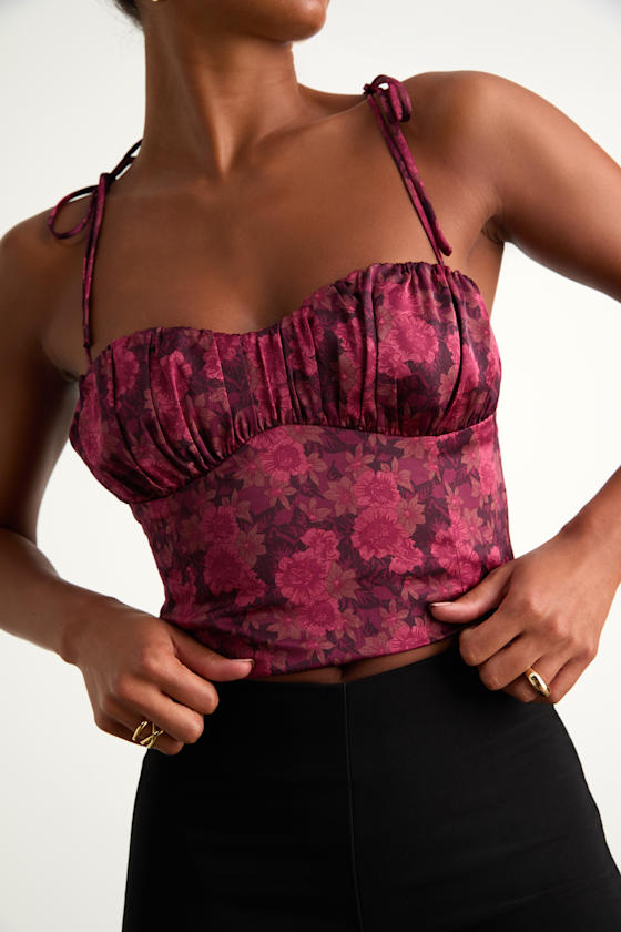 Raissa Burgundy Floral Satin Tie-Strap Crop Top