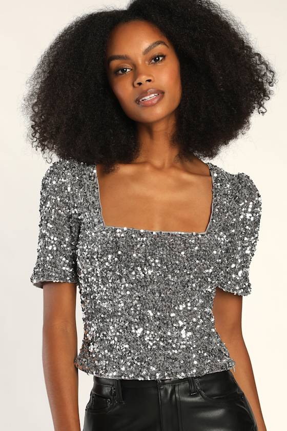 Sparkling Marvel Silver Sequin Square Neck Crop Top