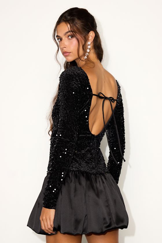 Event Aura Black Sequin Long Sleeve Mini Dress