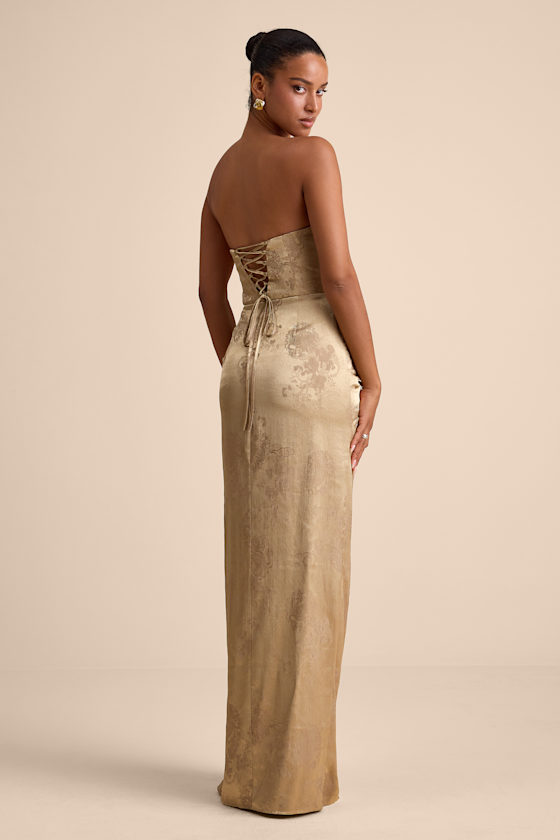 Whitney Gold Jacquard Strapless Twist-Front Maxi Dress