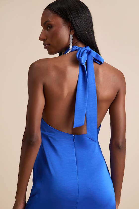 Carmelo Blue Satin Halter Neck Backless Maxi Dress