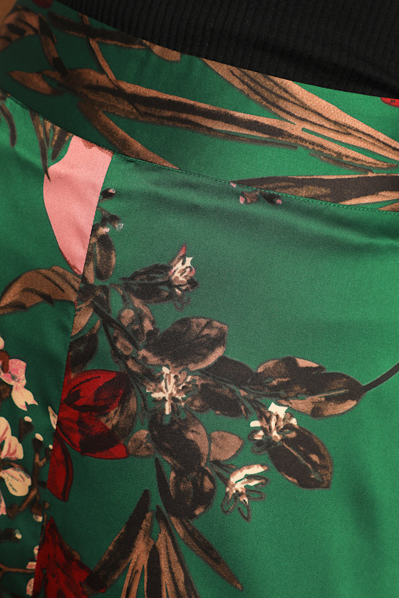 Thriving Vibes Green Floral Print Satin Wide-Leg Pants
