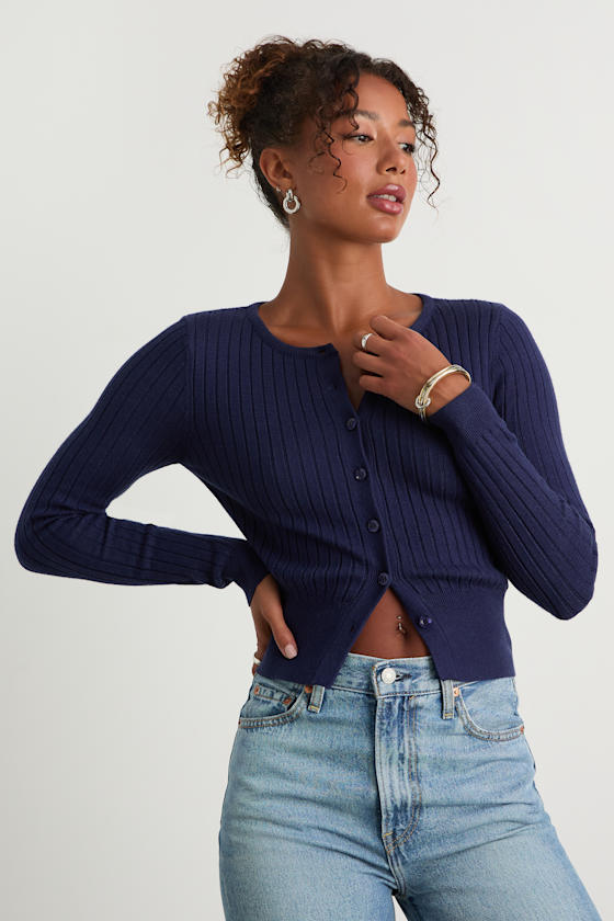 Perfect Classic Navy Ribbed Knit Cardigan Sweater