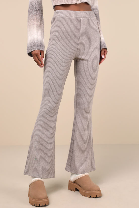 Unmatched Comfort Heather Taupe Ribbed Knit Flare Pants